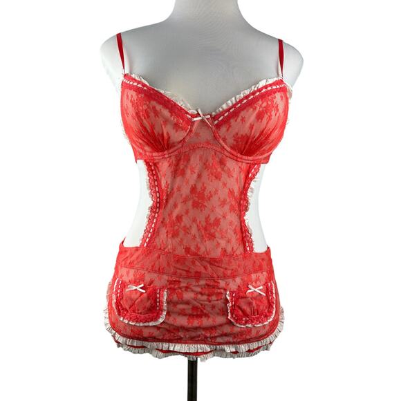 NWT Victoria’s Secret Maid Lingerie Teddy Red Mesh Lace Babydoll 34C Valentine - Picture 3 of 16